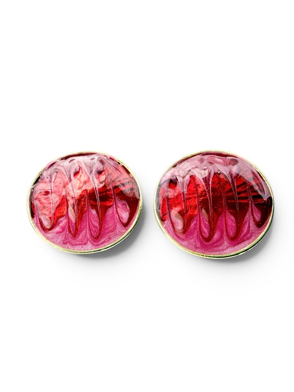 Vintage Pink Red Swirly Cold Enamel Gold tone Clip on Earrings.